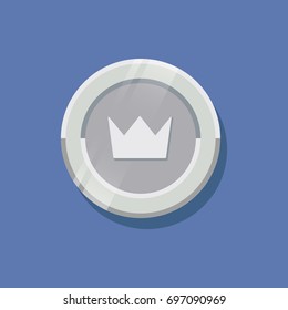 Silver game coin with crown colorful flat illustration isolated on blue background.