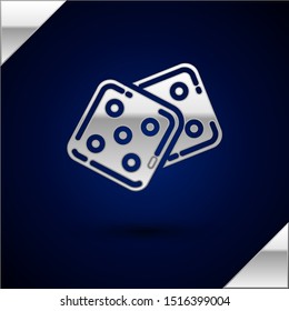 Silver Game dice icon isolated on dark blue background. Casino gambling.  Vector Illustration