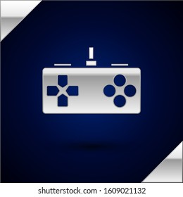 Silver Gamepad icon isolated on dark blue background. Game controller.  Vector Illustration