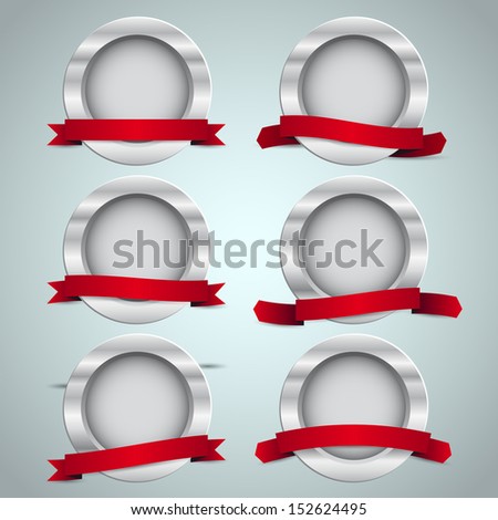 Silver games related set of rosette medal with red ribbon