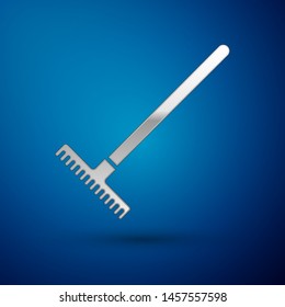 Silver Garden rake icon isolated on blue background. Tool for horticulture, agriculture, farming. Ground cultivator. Housekeeping equipment.  Vector Illustration