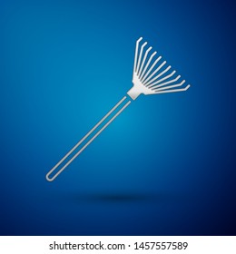 Silver Garden rake for leaves icon isolated on blue background. Tool for horticulture, agriculture, farming. Ground cultivator.  Vector Illustration