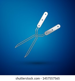 Silver Gardening handmade scissors for trimming icon isolated on blue background. Pruning shears with wooden handles.  Vector Illustration