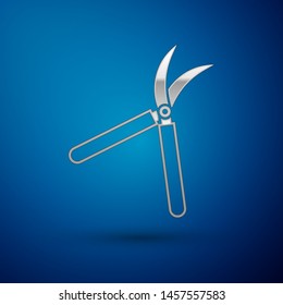 Silver Gardening handmade scissors for trimming icon isolated on blue background. Pruning shears with wooden handles.  Vector Illustration