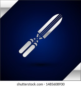 Silver Gardening handmade scissors for trimming icon isolated on dark blue background. Pruning shears with wooden handles.  Vector Illustration