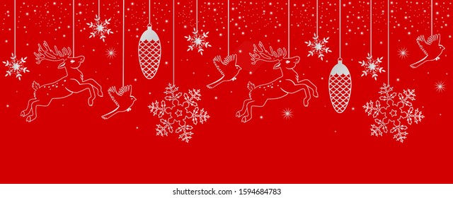 Silver garland with snowflakes, deer and birds on a red background .Vector graphic.