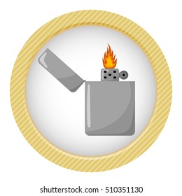 Silver gasoline lighter with burning flame on white background