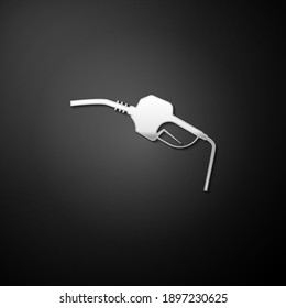 Silver Gasoline pump nozzle icon isolated on black background. Fuel pump petrol station. Refuel service sign. Gas station icon. Long shadow style. Vector.