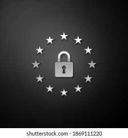 Silver GDPR - General data protection regulation icon isolated on black background. European Union symbol. Security, safety, protection, privacy. Long shadow style. Vector.