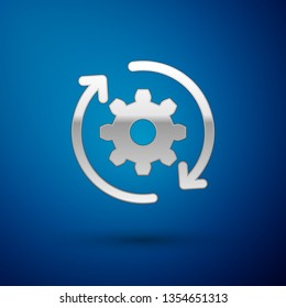Silver Gear and arrows as workflow concept icon isolated on blue background. Gear reload sign. Vector Illustration