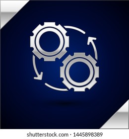 Silver Gear and arrows as workflow process concept icon isolated on dark blue background. Gear reload sign.  Vector Illustration