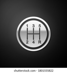 Silver Gear shifter icon isolated on black background. Transmission icon. Long shadow style. Vector.