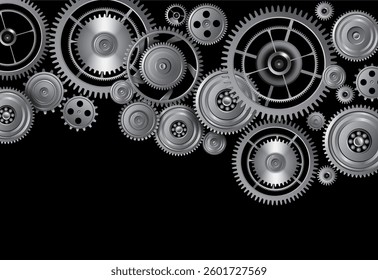Silver gears on black background with copy space as technology concept design, 3d vector illustration.