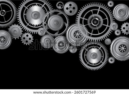 Silver gears on black background with copy space as technology concept design, 3d vector illustration.