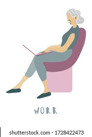 Silver generation woman sitting in a chair with a laptop. Vector isolate on a white background. Work at the computer for the elderly. Vector illustration