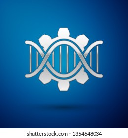 Silver Genetic engineering icon isolated on blue background. DNA analysis, genetics testing, cloning, paternity testing. Vector Illustration