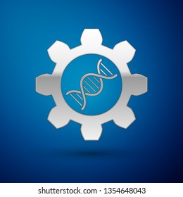 Silver Genetic engineering icon isolated on blue background. DNA analysis, genetics testing, cloning, paternity testing. Vector Illustration