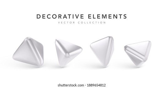 Silver geometric 3d objects with shadow isolated on white background. Realistic metalic figure. Vector illustration