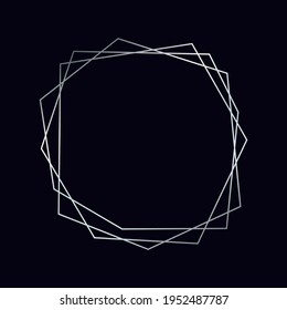Marco poligonal geométrico plateado con efectos brillantes aislados en el fondo oscuro. Fondo de arte deco brillante vacío. Ilustración vectorial.
