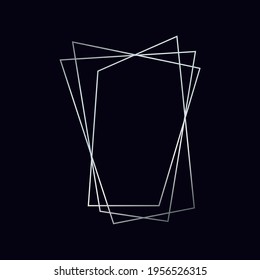 Marco poligonal geométrico plateado con efectos brillantes aislados en el fondo oscuro. Fondo de arte deco brillante vacío. Ilustración vectorial.