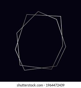 Marco poligonal geométrico plateado con efectos brillantes aislados en el fondo oscuro. Fondo de arte deco brillante vacío. Ilustración vectorial.