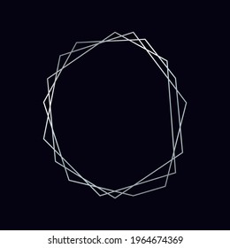 Silver geometric polygonal frame with shining effects isolated on dark background. Empty glowing art deco backdrop. Vector illustration.