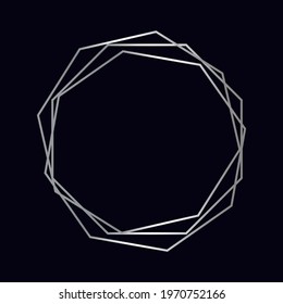 Silver geometric polygonal frame with shining effects isolated on dark background. Empty glowing art deco backdrop. Vector illustration.
