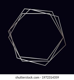 Silver geometric polygonal frame with shining effects isolated on dark background. Empty glowing art deco backdrop. Vector illustration.
