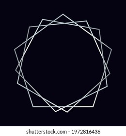 Silver geometric polygonal frame with shining effects isolated on dark background. Empty glowing art deco backdrop. Vector illustration.
