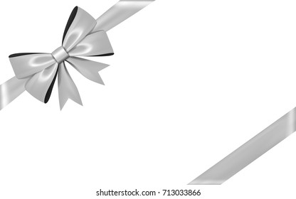 Silver Gift Bow Ribbon. Bow Tie Isolated On White Background. 3D Shiny Gift Bow Tie For Christmas Present, Holiday Decoration, Birthday, Anniversary. Silk Ribbon For Invitation. Vector Illustration