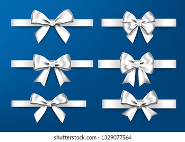 Silver  gift  bows set  isolated on white background. Christmas, New Year, birthday  decoration. Vector realistic decor element  for banner, greeting card, poster.