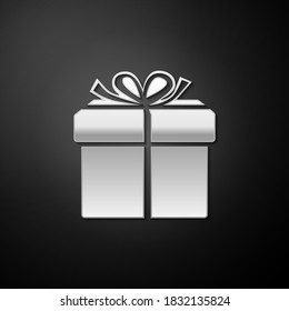 Silver Gift box icon isolated on black background. Long shadow style. Vector.