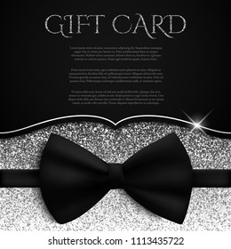 Silver gift card with glitter and bow tie, gift, voucher, certificate, vector illustration