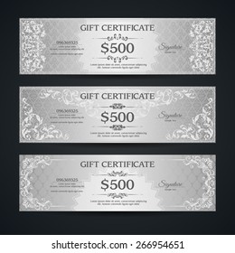 Silver gift certificate banners set VIP Vintage ornamental template with damask pattern and decorative frame.