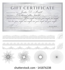 Silver Gift certificate, Voucher, Coupon template (layout) with guilloche pattern (watermarks), border. Background for cheque, banknote, money design, currency, note, check,  ticket, reward. Vector