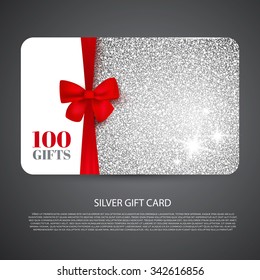 Silver Gift Coupon, Gift Card. Discount Card, Business Card) With Bow. Holiday Background For Invitation. Vector Illustration