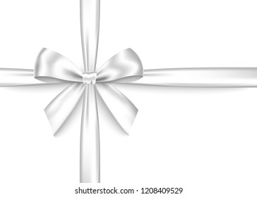 Silver  gift ribbon and bow isolated on white background. Christmas, New Year, birthday  decoration. Vector realistic decor element  for banner, greeting card, poster.