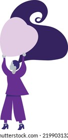 Silver Girl in Purple Holding Pink Heart Above Head Vector Illustration Over White Background