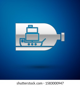 Silver Glass bottle with ship inside icon isolated on blue background. Miniature model of marine vessel. Hobby and sea theme.  Vector Illustration