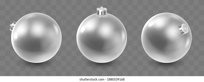 Silver glass Christmas balls with shadow and reflex on transparent background. Happy New Year card, design for flyer, poster, decor, banner, web, advertising. Vector illustration. 