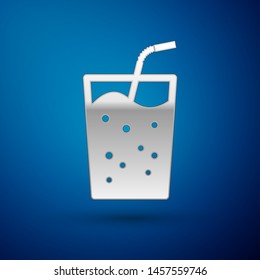 Silver Glass with water icon isolated on blue background. Soda drink glass with drinking straw. Fresh cold beverage symbol. Vector Illustration