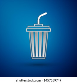 Silver Glass with water icon isolated on blue background. Soda drink glass with drinking straw. Fresh cold beverage symbol. Vector Illustration