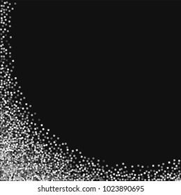 Silver glitter. Abstract left bottom corner on black background. Divine vector illustration.