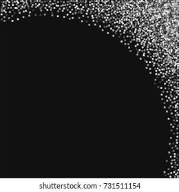 Silver glitter. Abstract right top corner with silver glitter on black background. Curious Vector illustration.