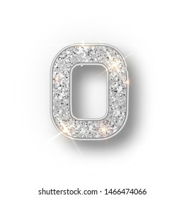 Silver glitter alphabet numbers 0 with shadow. Vector realistick shining silver font number zero of sparkles on white background. For decoration of cute wedding, anniversary, party, label, headline