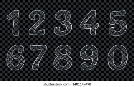 Silver glitter alphabet numbers  1,2,3,4,5,6,7,8,9,0 on transparent background. Design Element  Chinese New Year, Wedding, Birthday, Holiday Poster,  Invitation, Banner, Postcard. Isolated.  Vector