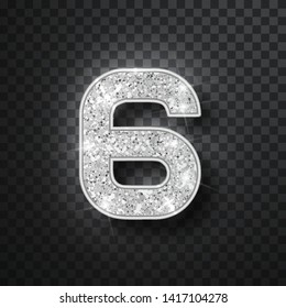 Silver glitter alphabet numbers 6 with shadow. Vector realistick shining silver font number six of sparkles on black background. For decoration of cute wedding, anniversary, party, label, headline,