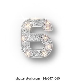 Silver glitter alphabet numbers 6 with shadow. Vector realistick shining silver font number six of sparkles on white background. For decoration of cute wedding, anniversary, party, label, headline