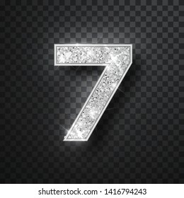 Silver glitter alphabet numbers 7 with shadow. Vector realistick shining silver font number sewen of sparkles on black background. For decoration of cute wedding, anniversary, party, label, headline, 