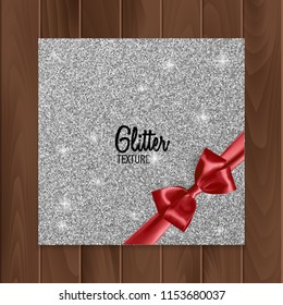 Silver, glitter background with realistic red bow. Vector illustration